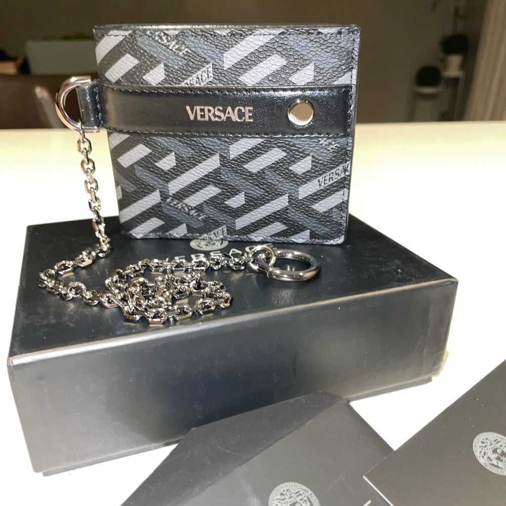 Versace La Greca bifold black grey wallet on a chain